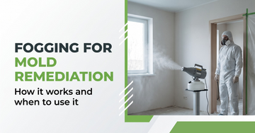 Technician fogging for mold remediation with a fogger on a rotating turntable and stand